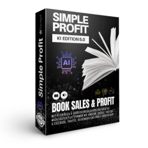 Mockup des Onlinekurses Simple Profit 5.0 KI Edition von Sales Angels mit modernem Design auf blauem Hintergrund